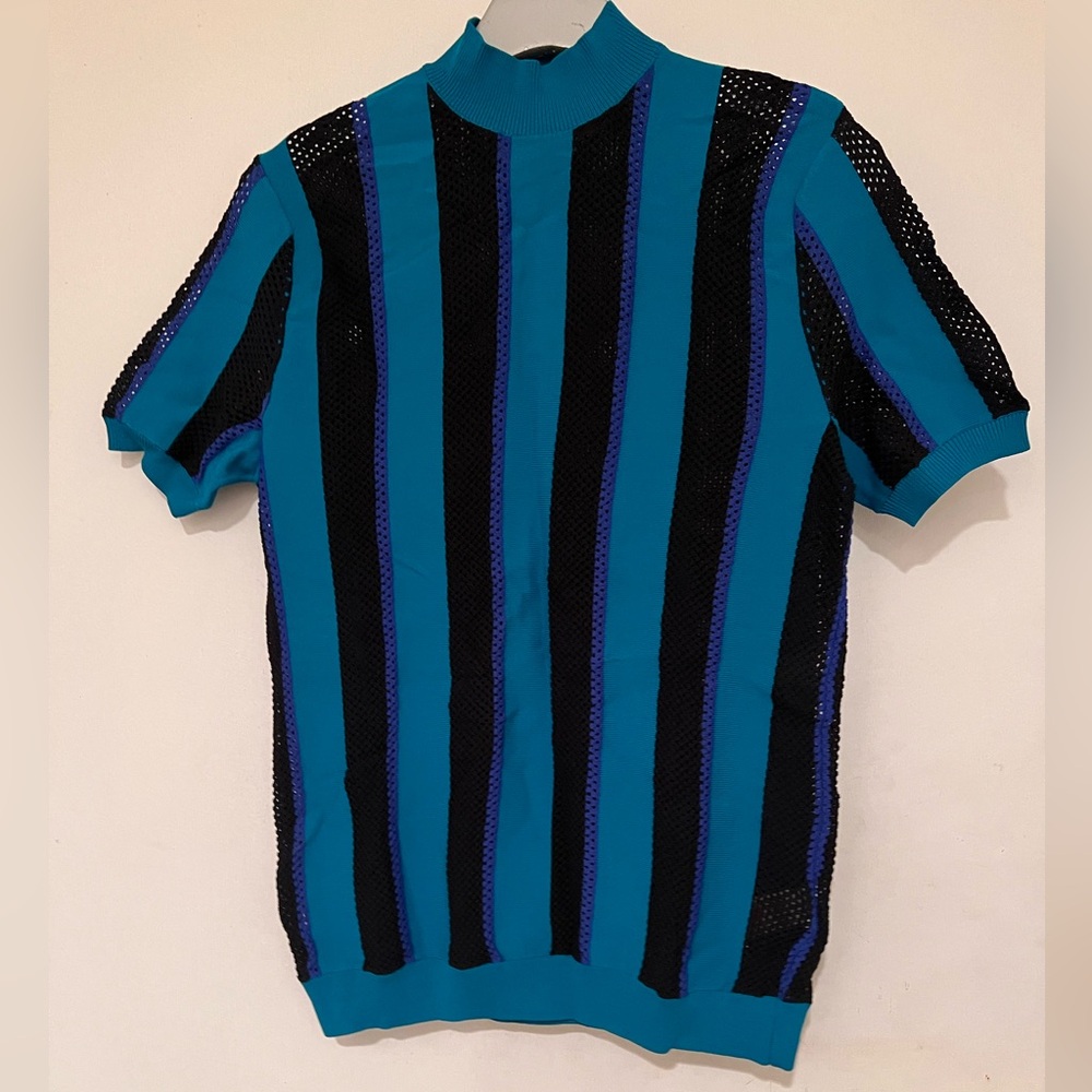 Topman Teal and Black Striped Knit Tee